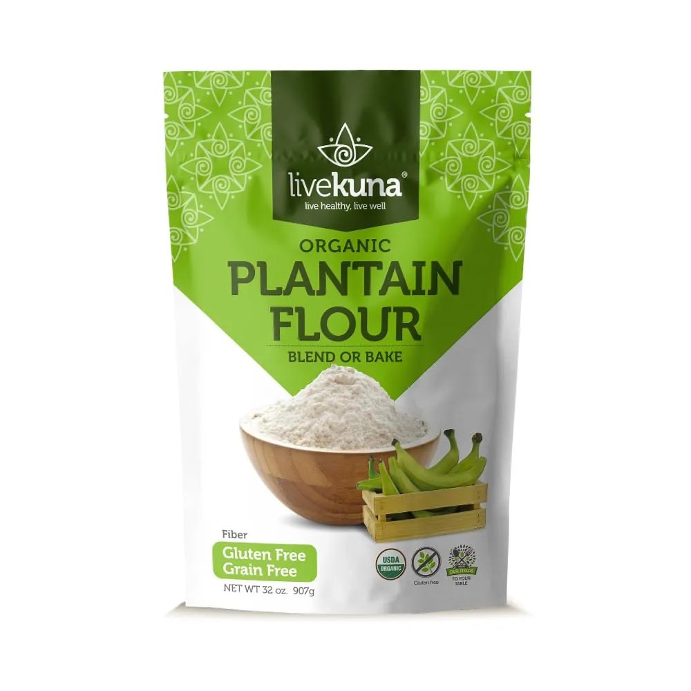 LiveKuna Organic Plantain Flour - Gluten Free All Purpose Flour Alternative For Baking & Cooking Recipes - Grain Free Vegan Plantain Flour, Rich In Fiber & Vitamins for Keto & Paleo Diets, 32oz Bag