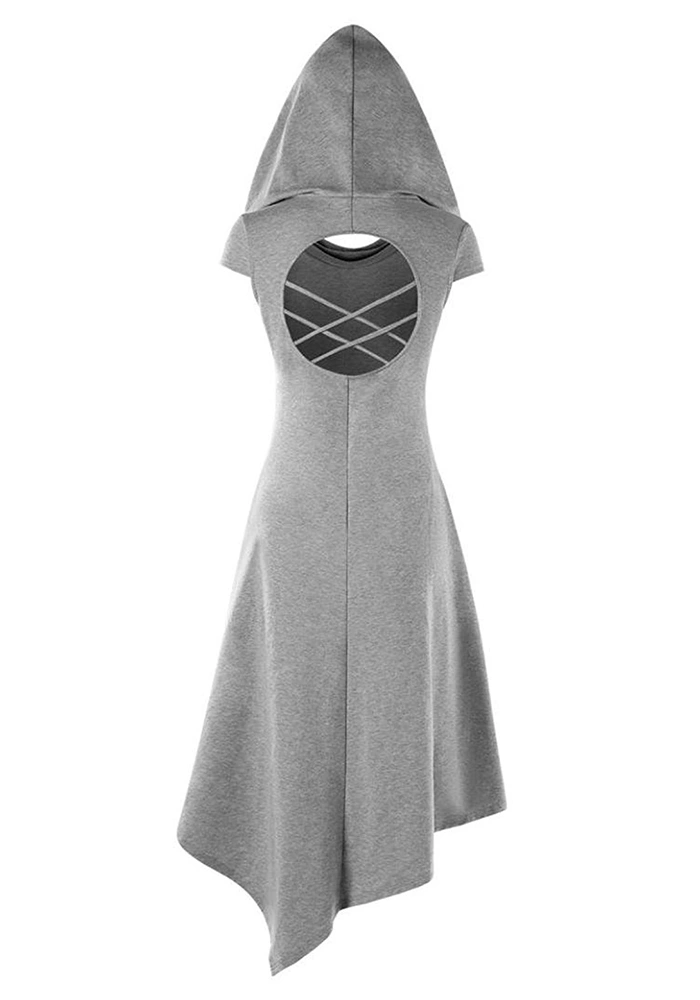 Foshow Womens Halloween Dress Hoodie Criss Cross Medieval Cosplay Asymmetrical Midi Dresses with Hat
