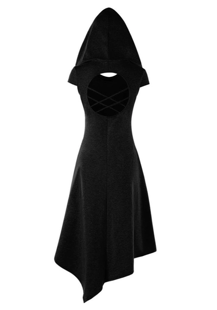 Foshow Womens Halloween Dress Hoodie Criss Cross Medieval Cosplay Asymmetrical Midi Dresses with Hat