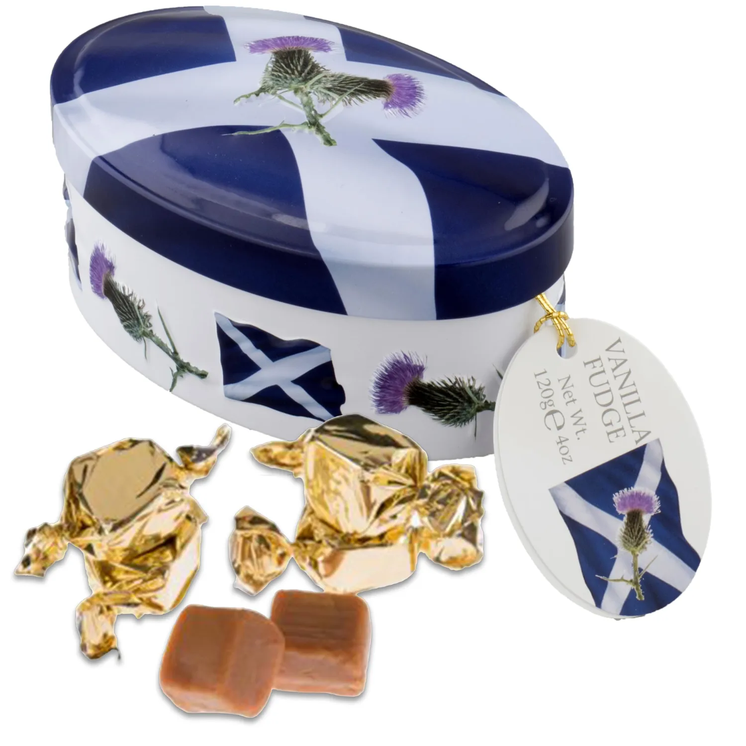 Gardiners of Scotland Handmade Fudge 120g Oval Tin, Scottish Saltire Flag Vanilla Fudge