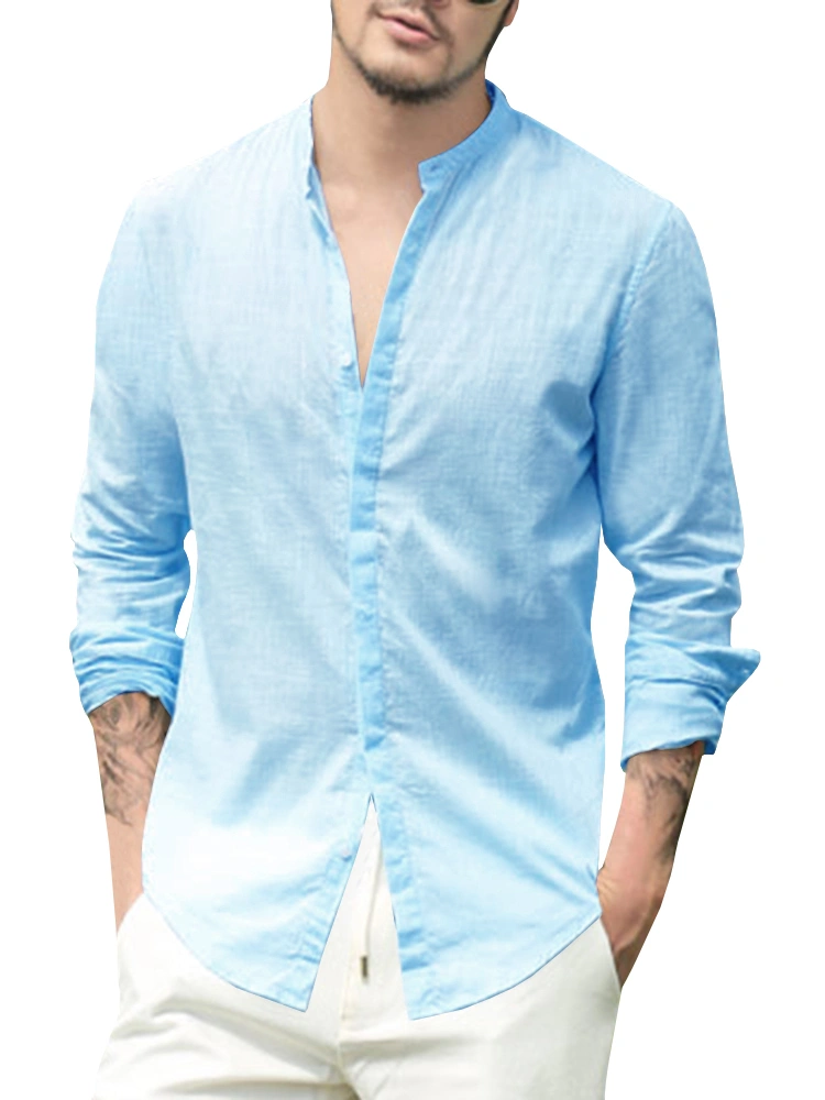 Makkrom Men's Casual Button Down Cotton Linen Shirts Long Sleeve Band Collar Beach Shirt Top