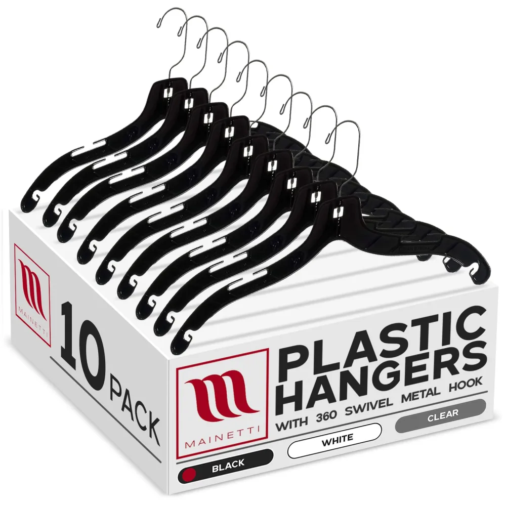 Mainetti 5400 Black Plastic Hangers - 10 Pack with 360 Swivel Metal Hook and Notches for Straps, Great for Shirts/Tops/Dresses/Jackets, 17 Inch