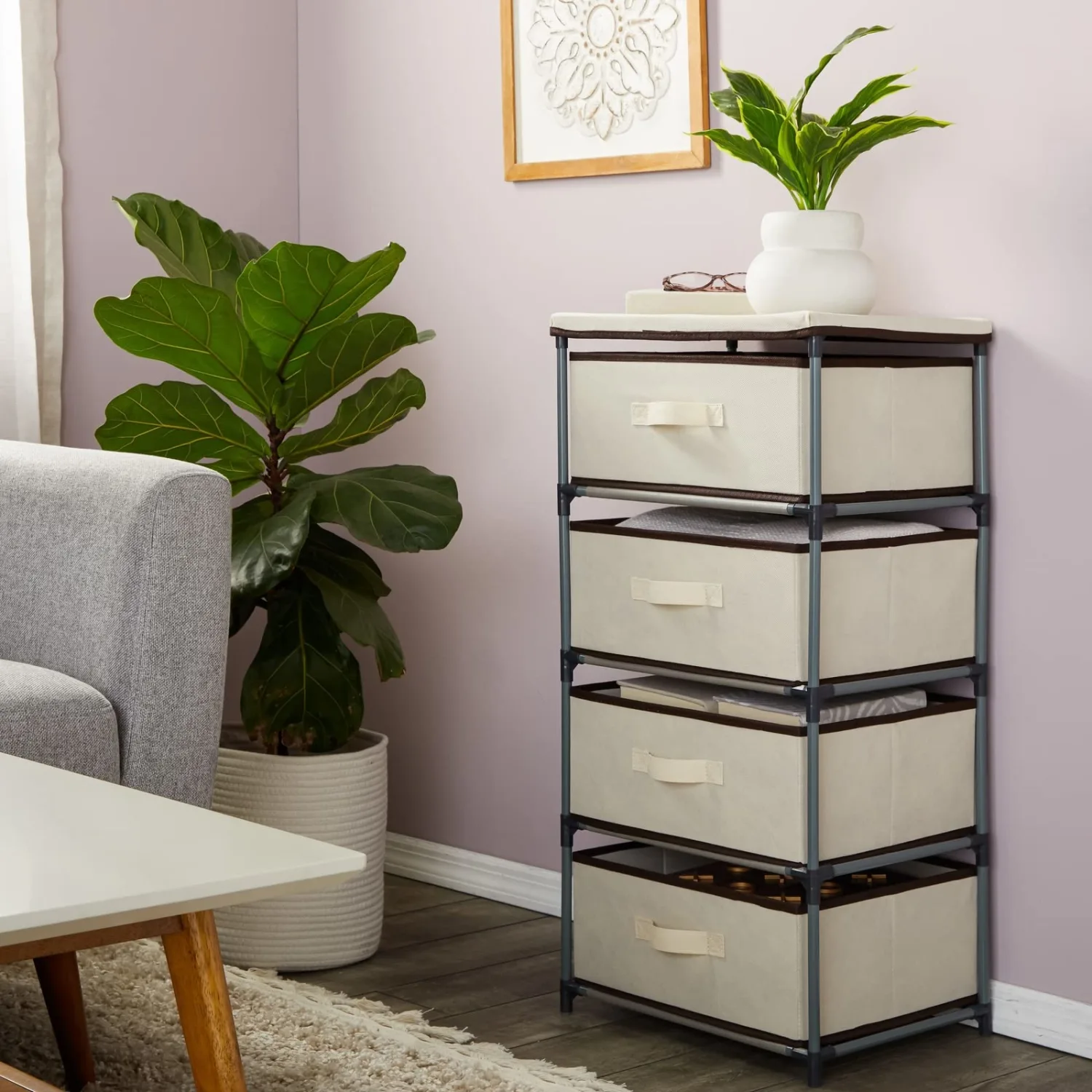 Juvale 4-Tier Tall Closet Dresser with Drawers - Clothes Organizer and Small Fabric Storage for Bedroom (Beige)