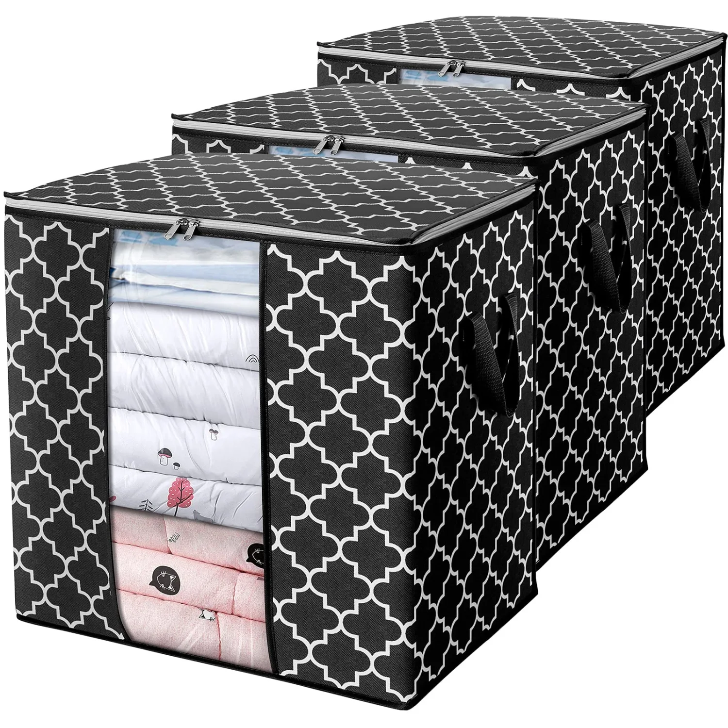 WISELIFE Storage Bags [3 Pack/100L] Large Blanket Clothes Organization and Storage Containers for Comforters,Bedding, Foldable Organizer with Reinforced Handle, Clear Window, Sturdy Zippers,Black
