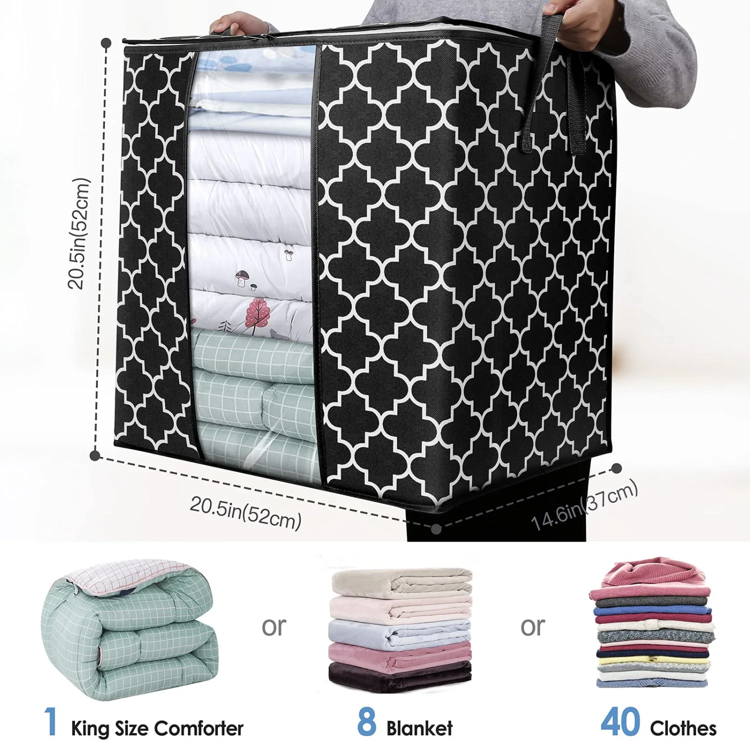 WISELIFE Storage Bags [3 Pack/100L] Large Blanket Clothes Organization and Storage Containers for Comforters,Bedding, Foldable Organizer with Reinforced Handle, Clear Window, Sturdy Zippers,Black
