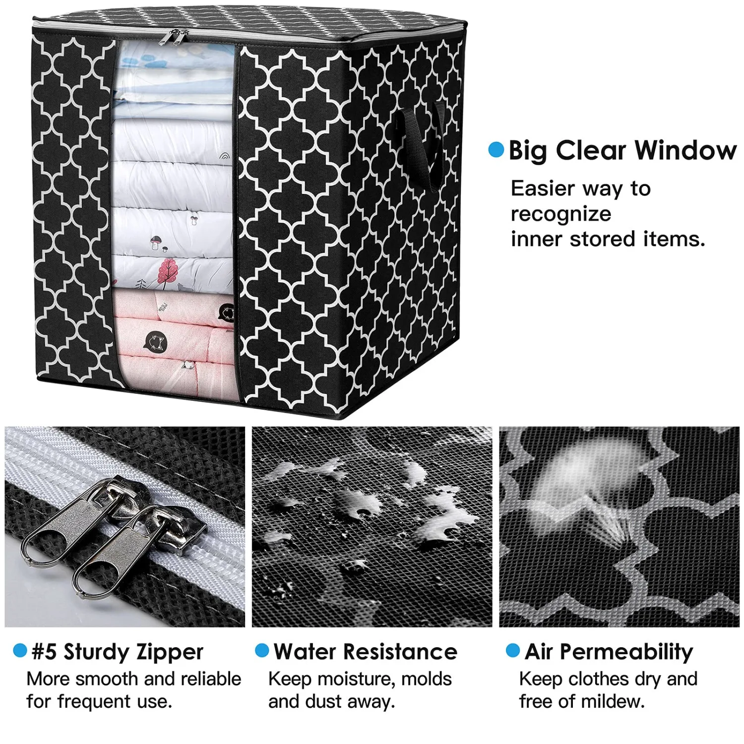 WISELIFE Storage Bags [3 Pack/100L] Large Blanket Clothes Organization and Storage Containers for Comforters,Bedding, Foldable Organizer with Reinforced Handle, Clear Window, Sturdy Zippers,Black