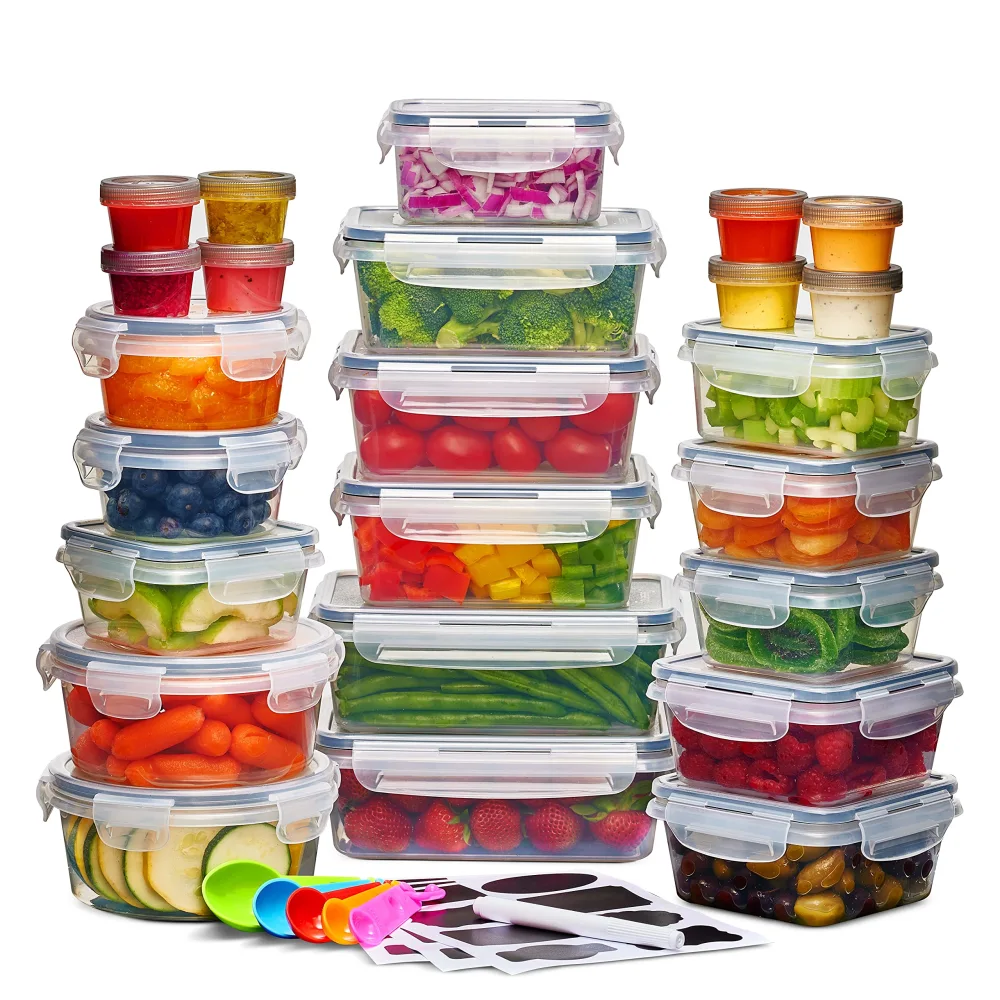 24 Pcs Airtight Food Storage Container Set - BPA Free Clear Plastic Kitchen and Pantry Organization Meal Prep Lunch Container with Durable Leak Proof Lids - Labels, Marker & Spoon Set