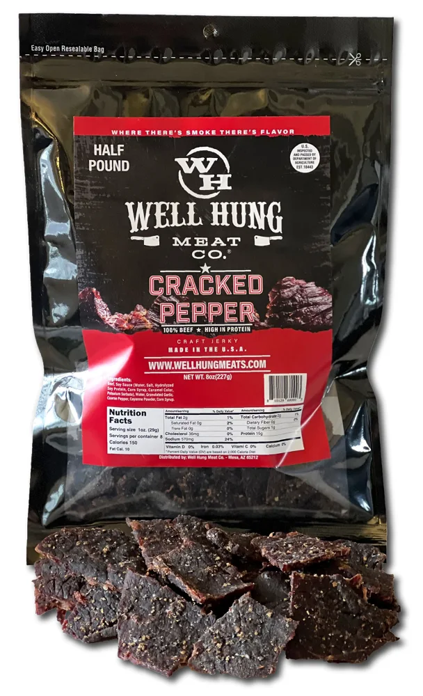 Well Hung Meats Cracked Pepper Beef Jerky Half Pound Resealable Craft Jerky Bag (8oz)