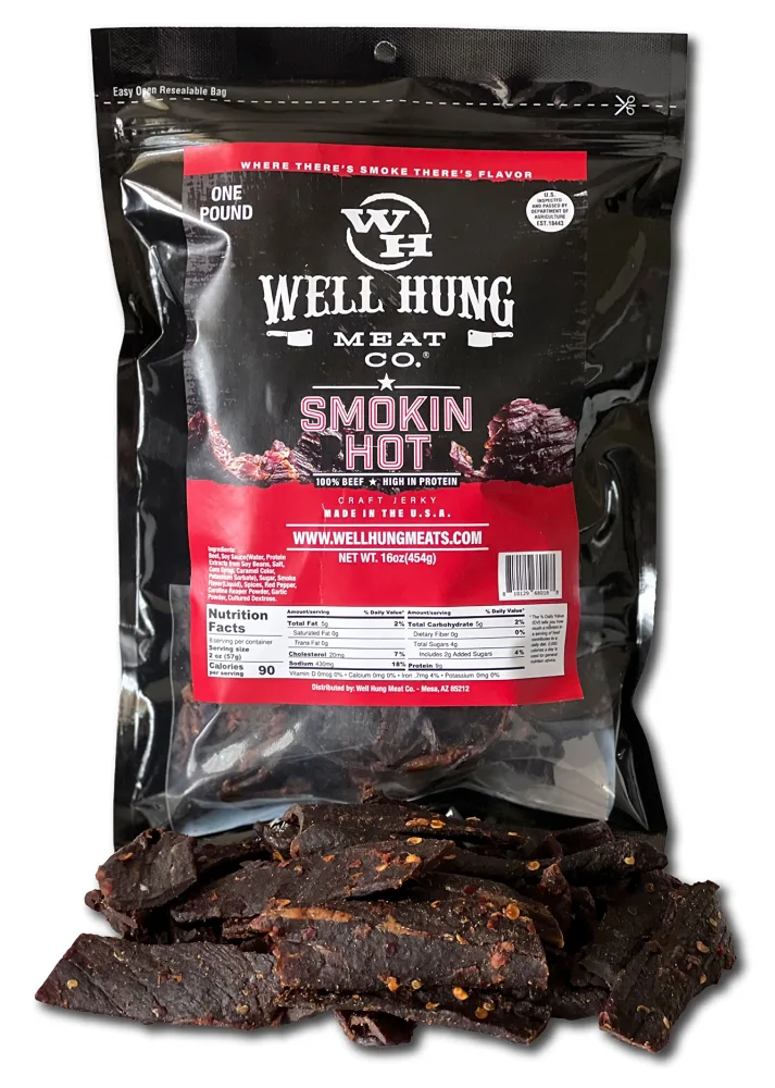 Well Hung Meats Smokin Hot Beef Jerky One Pound Resealable Craft Jerky Bag (16oz)