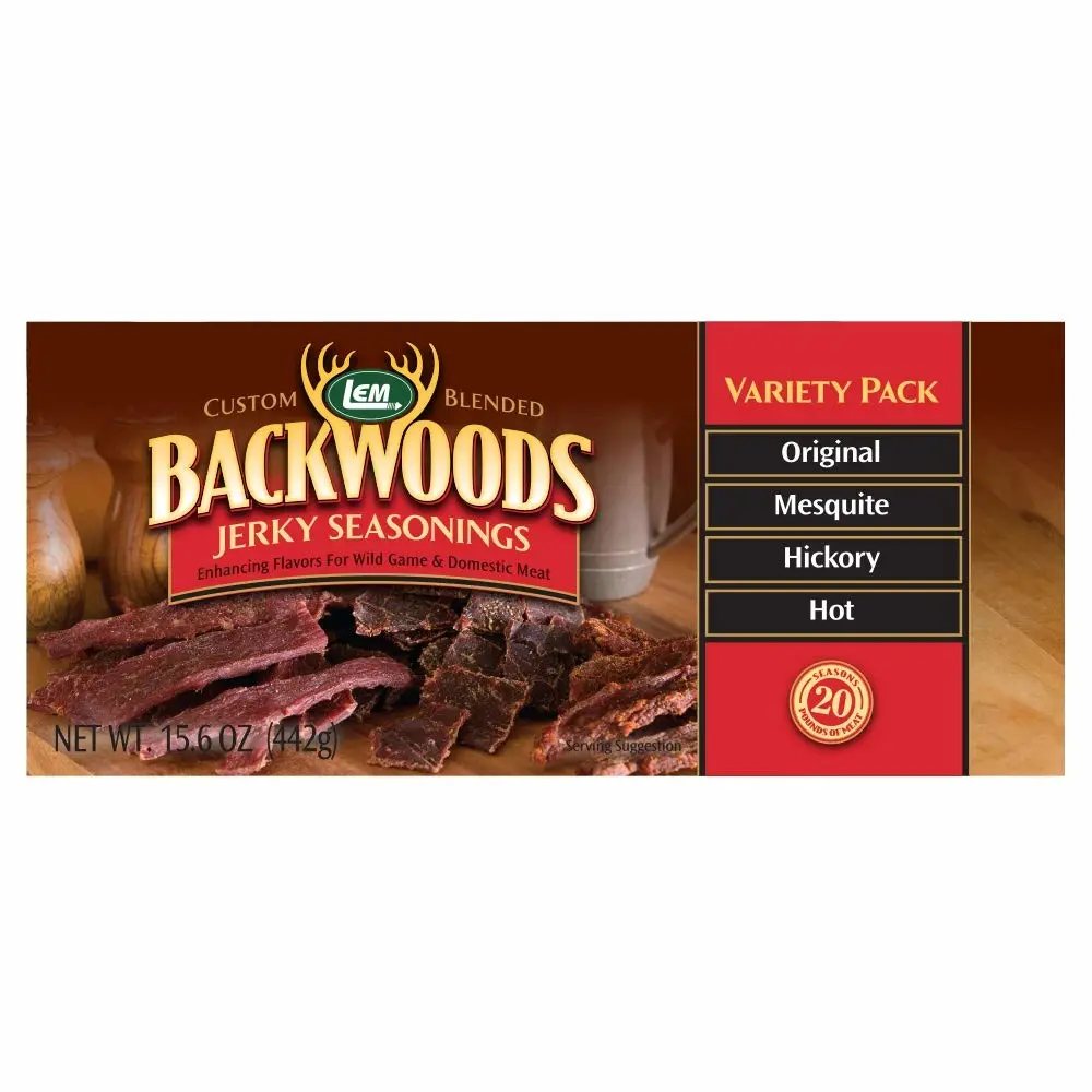 LEM Products Backwoods Jerky Seasoning Variety Pack, Includes Original, Hot, Mesquite, and Hickory Flavors, Ideal for Wild Game, 15.6 Ounce Package with Pre-Measured Cure Packet Included