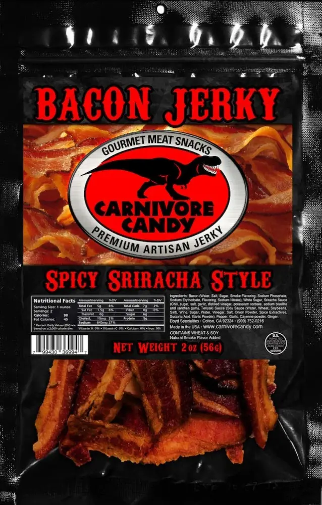 JURASSIC JERKY’S Carnivore Carnivore Candy Bacon Jerky - Spicy Sriracha Flavor - Single Pack - (1) 2 oz bag