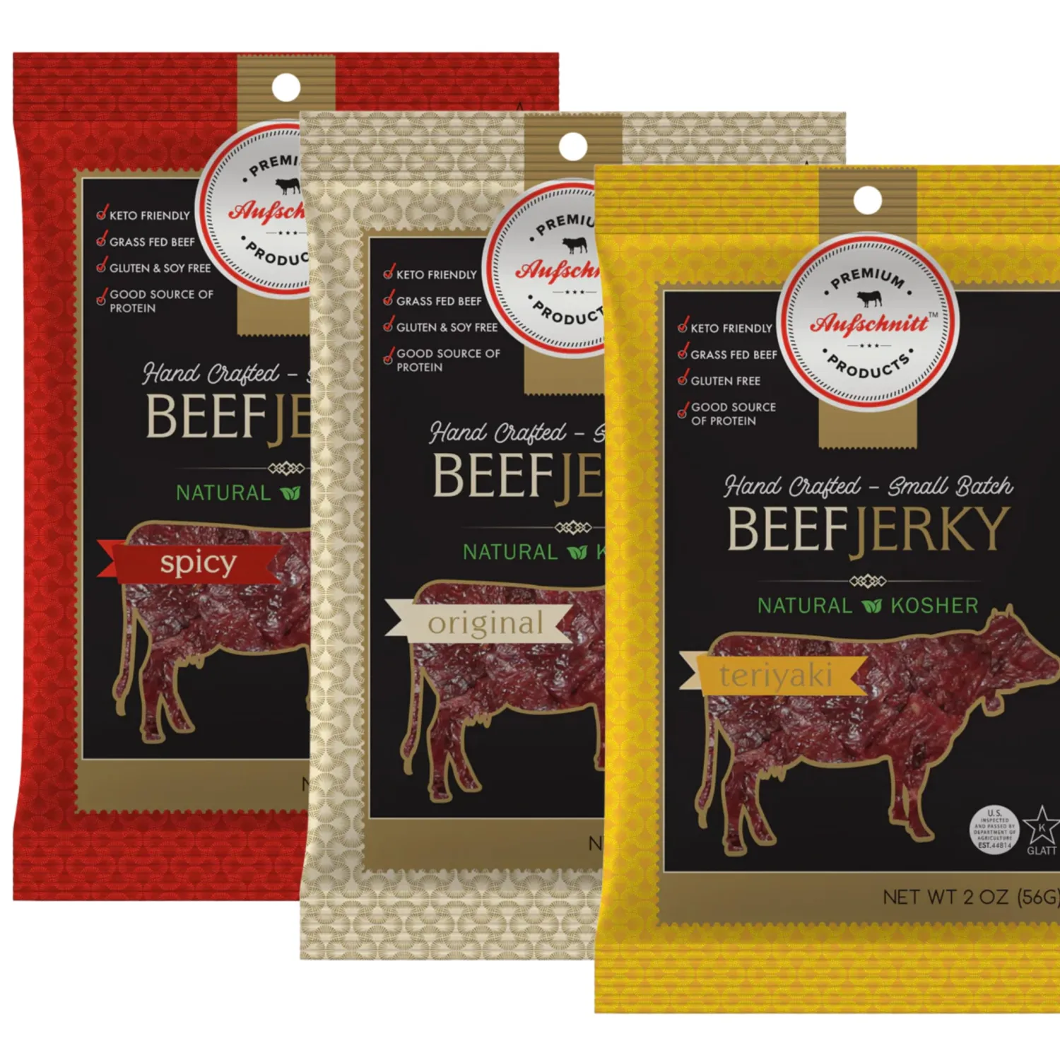 Aufschnitt Grass Fed Beef Jerky - Low Sodium, Certified Kosher - Halal and Keto Friendly - 3 Pack, Variety