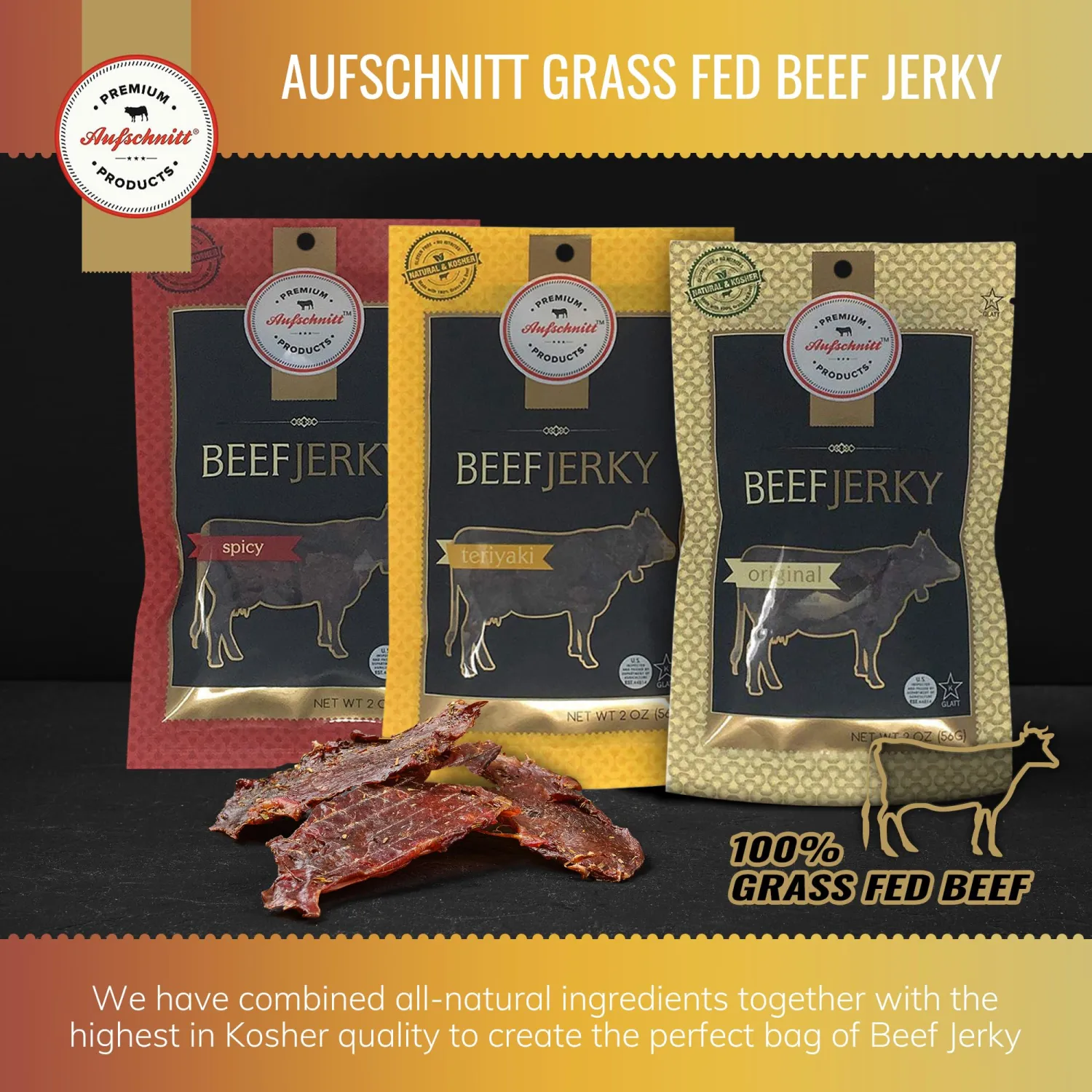 Aufschnitt Grass Fed Beef Jerky - Low Sodium, Certified Kosher - Halal and Keto Friendly - 3 Pack, Variety