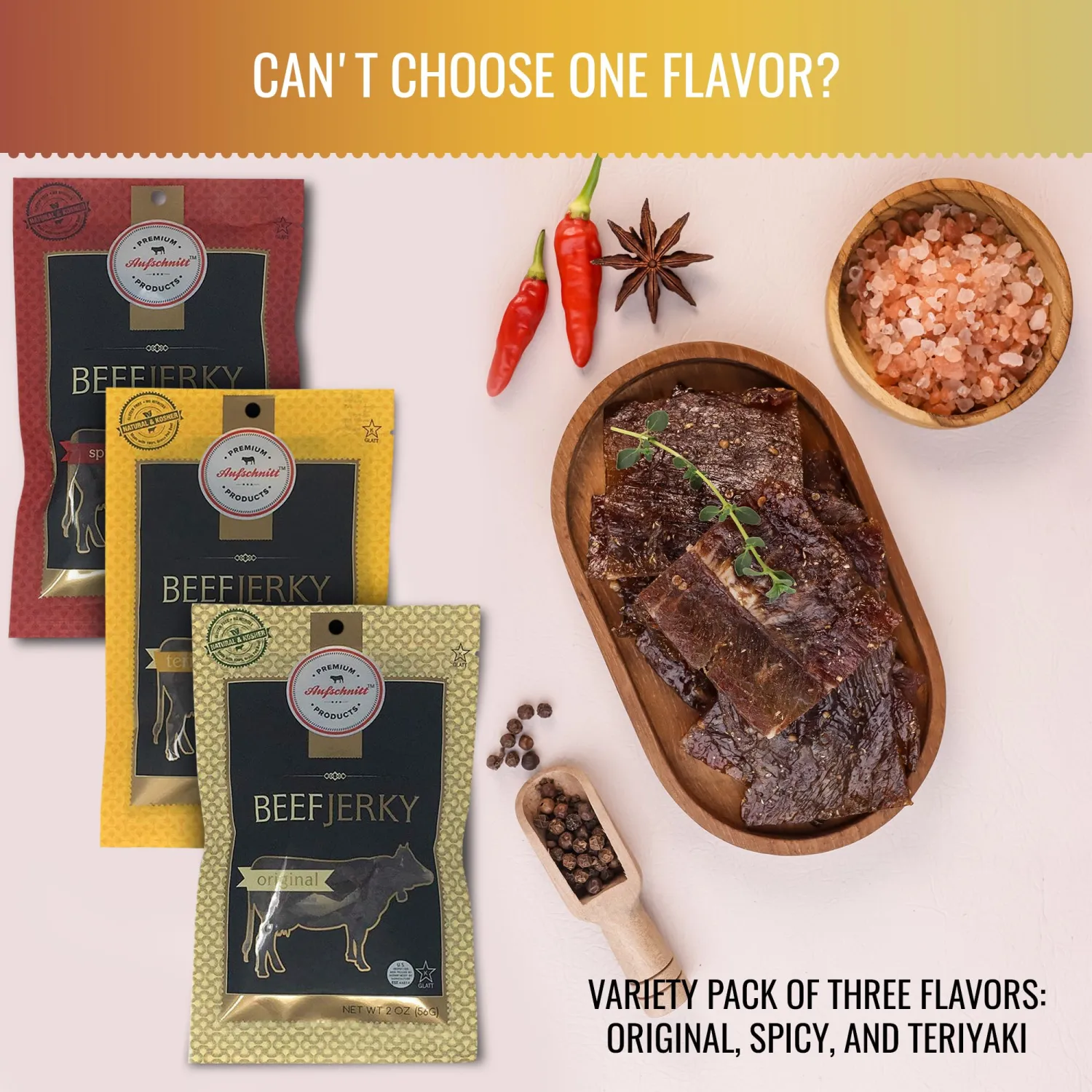 Aufschnitt Grass Fed Beef Jerky - Low Sodium, Certified Kosher - Halal and Keto Friendly - 3 Pack, Variety