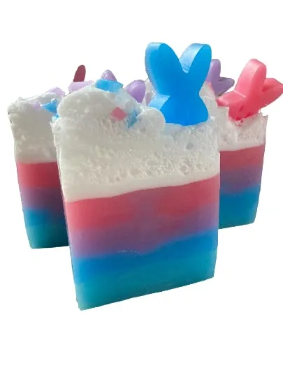 Spring bunny bar: watermelon kiwi fragrance spring theme glycerine soap bar with bunny and whipped top great for Easter basket or gift soap