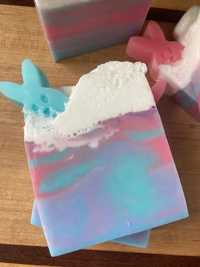 Spring bunny bar: watermelon kiwi fragrance spring theme glycerine soap bar with bunny and whipped top great for Easter basket or gift soap
