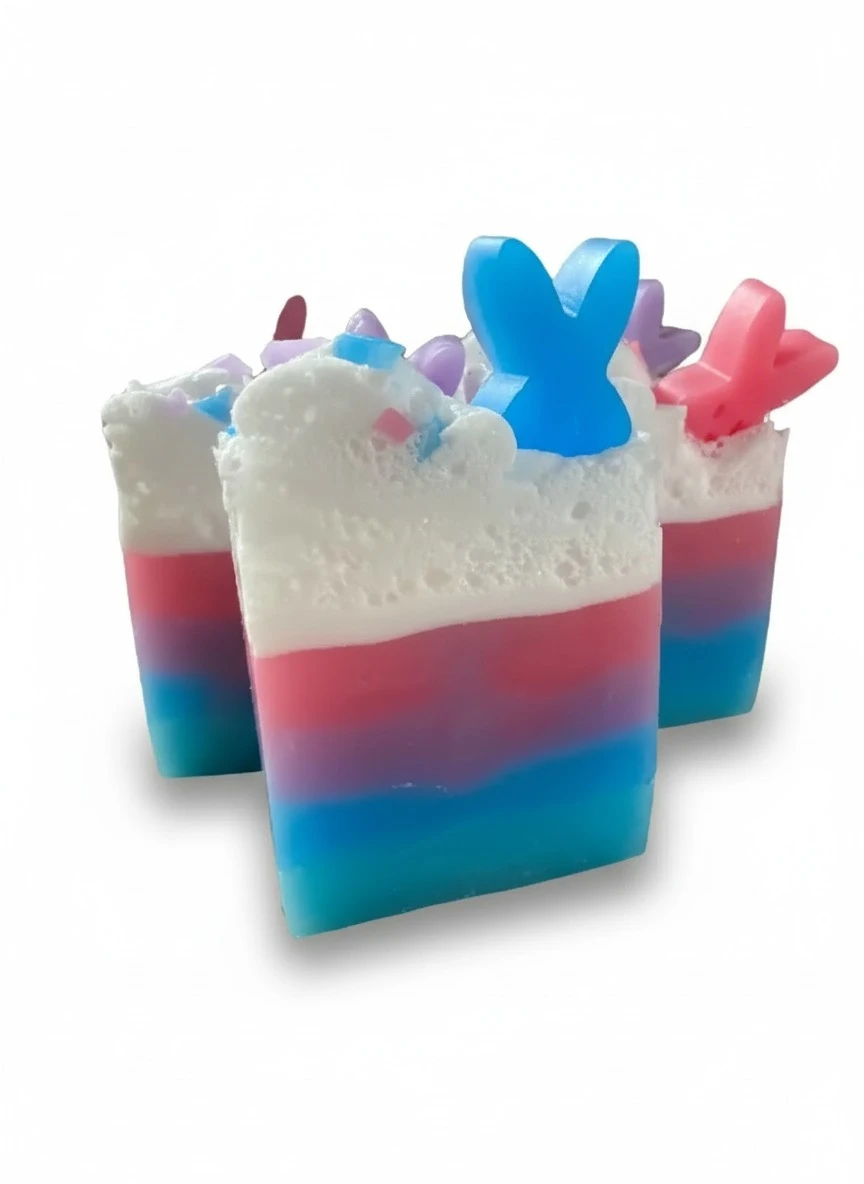 Spring bunny bar: watermelon kiwi fragrance spring theme glycerine soap bar with bunny and whipped top great for Easter basket or gift soap