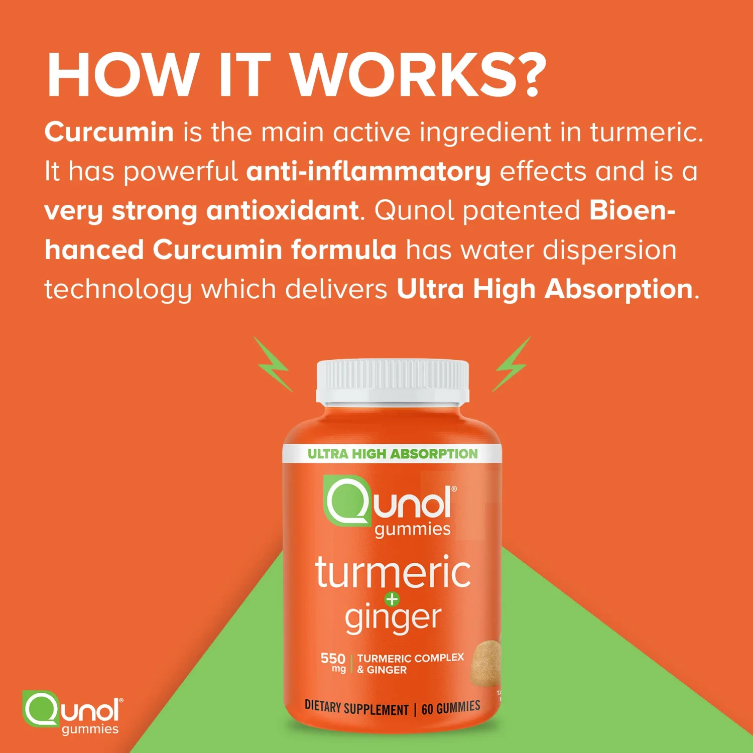 Qunol Turmeric and Ginger Gummies, Gummy with 500mg Turmeric + 50mg Ginger, Joint Support Supplement, Ultra High Absorption Tumeric and Ginger, Vegan, Gluten Free, 1 Month Supply 60ct Gummies