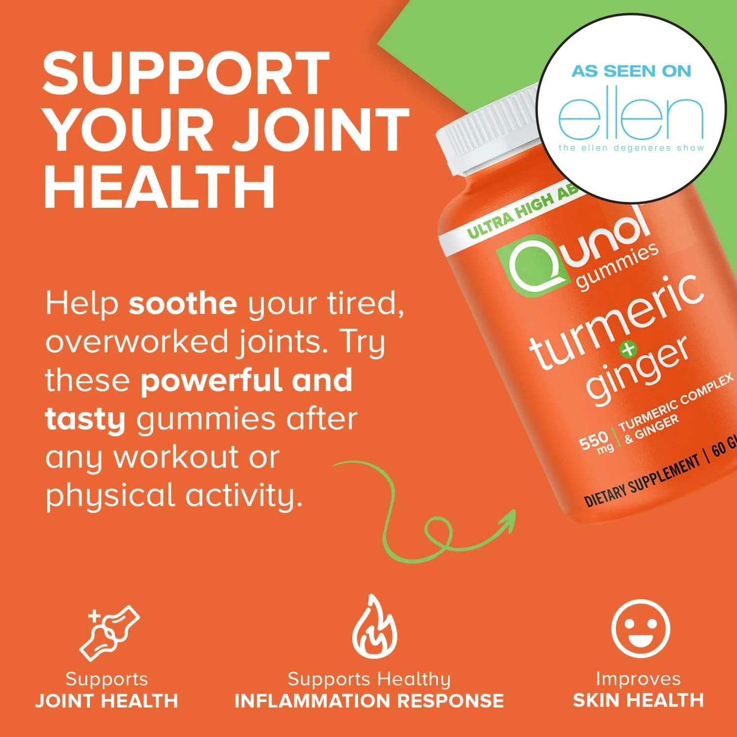 Qunol Turmeric and Ginger Gummies, Gummy with 500mg Turmeric + 50mg Ginger, Joint Support Supplement, Ultra High Absorption Tumeric and Ginger, Vegan, Gluten Free, 1 Month Supply 60ct Gummies