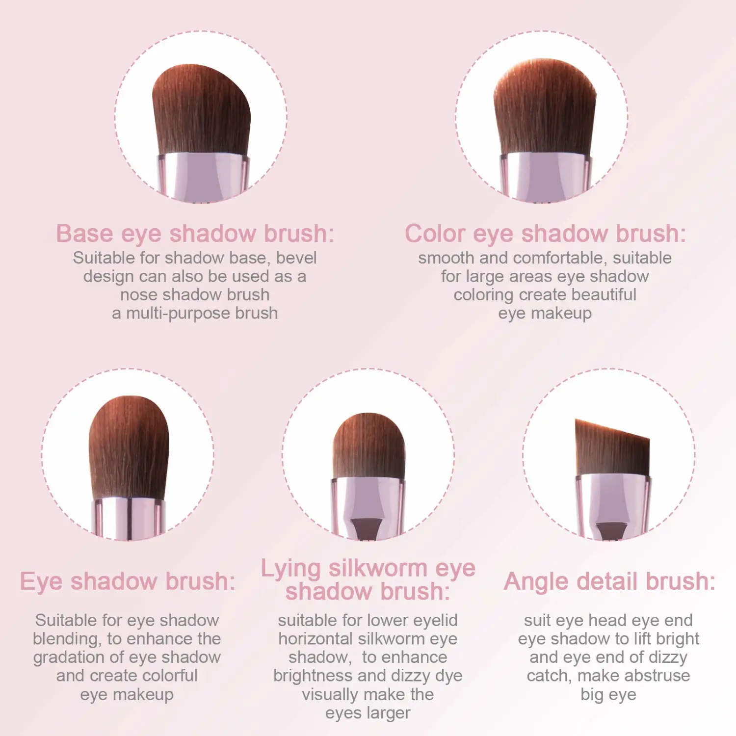 5Pcs Eyeshadow Brush Set, Portable Eye brushes, Premium Eye Makeup Brush, Eyeliner Brush, Angled Brush by YUESHENNAN (pink).