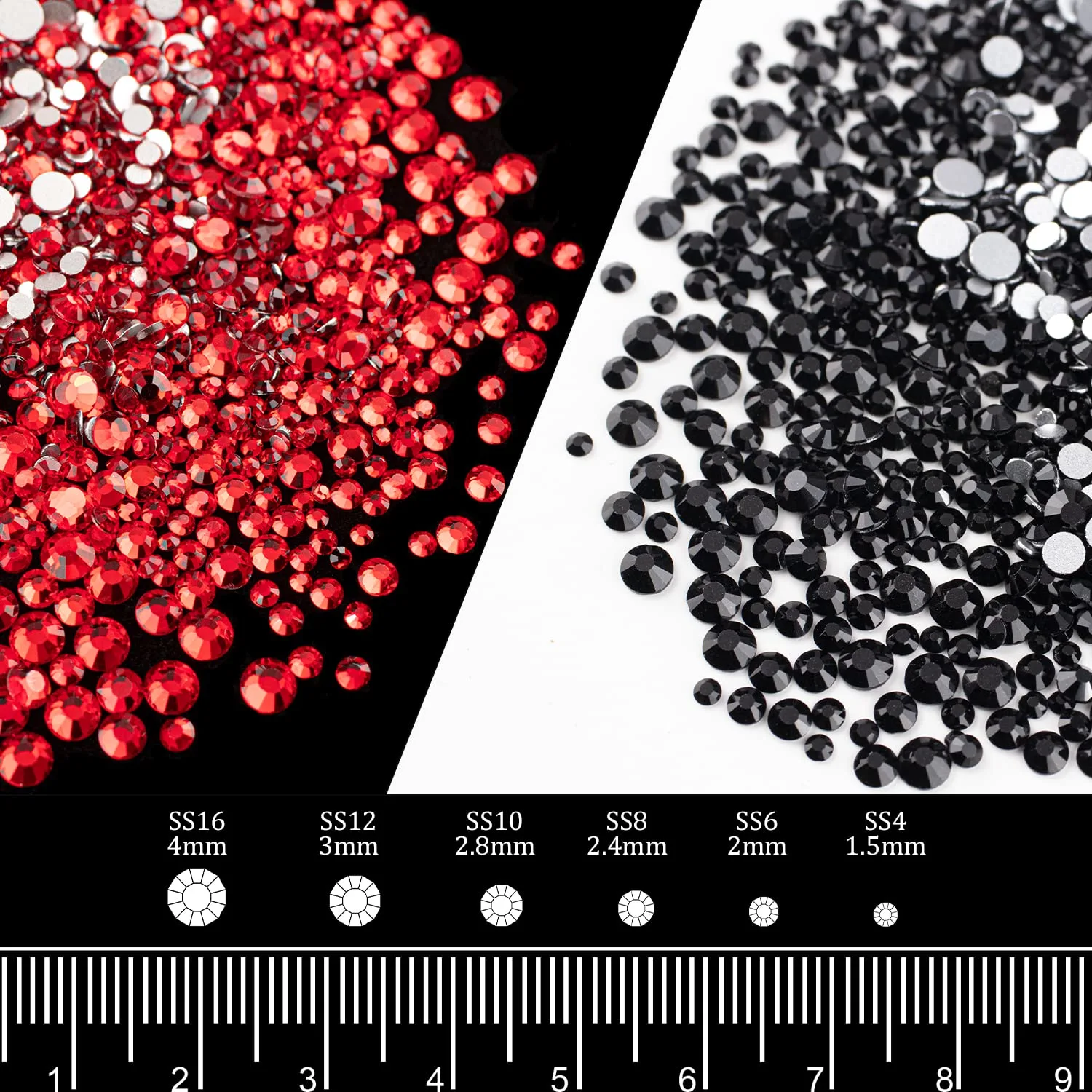 4 Mixed Colors Flatback Round Rhinestones Kit #10, Multi Size Glass Crystals Bead with Pickup Pencil and Tweezer for Nail Art