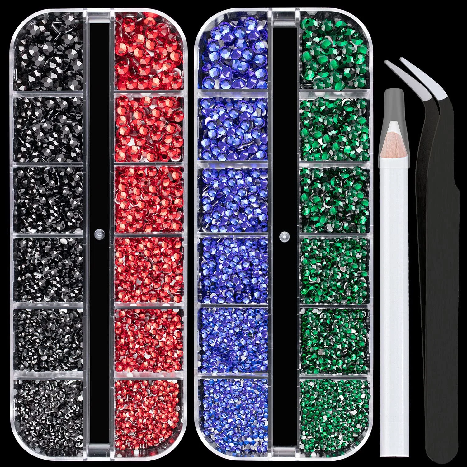 4 Mixed Colors Flatback Round Rhinestones Kit #10, Multi Size Glass Crystals Bead with Pickup Pencil and Tweezer for Nail Art