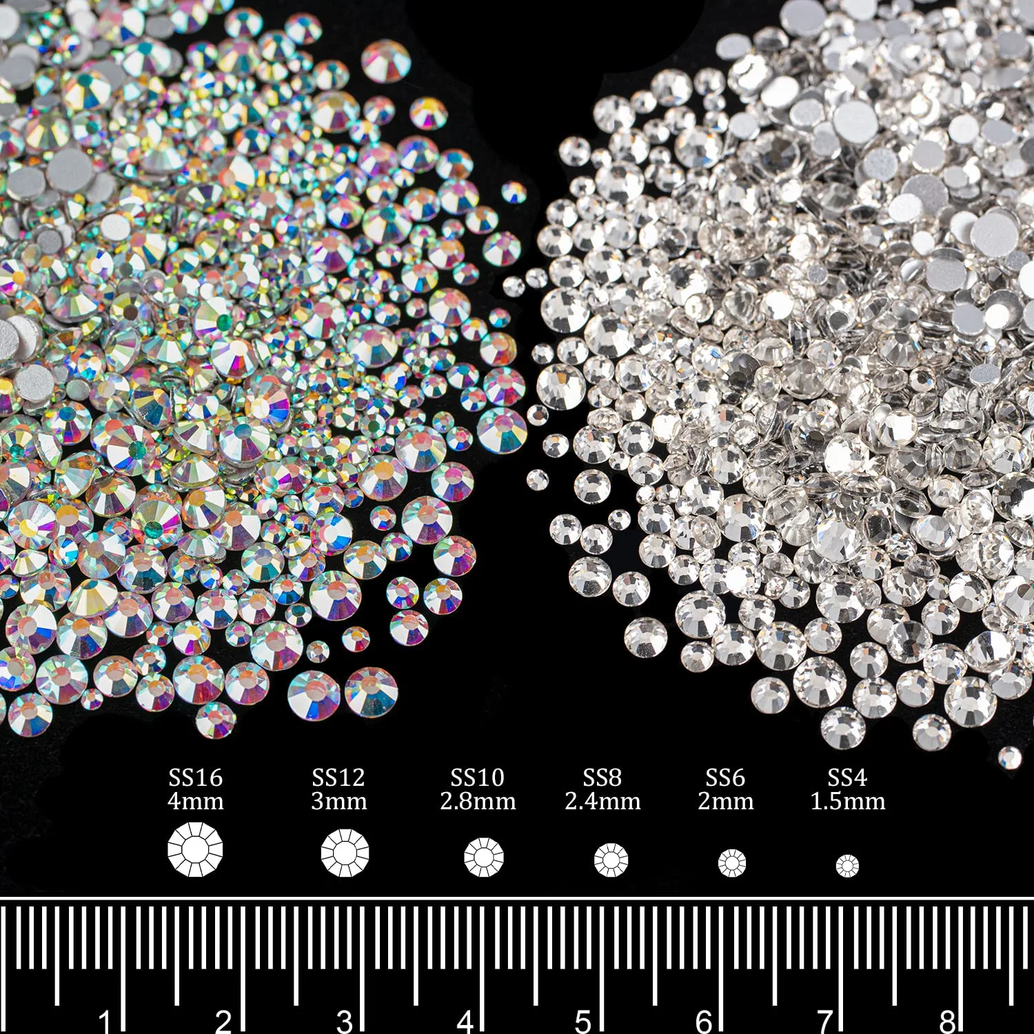 4 Mixed Colors Flatback Round Rhinestones Kit #8, Multi Size Glass Crystals Bead with Pickup Pencil and Tweezer for Nail Art