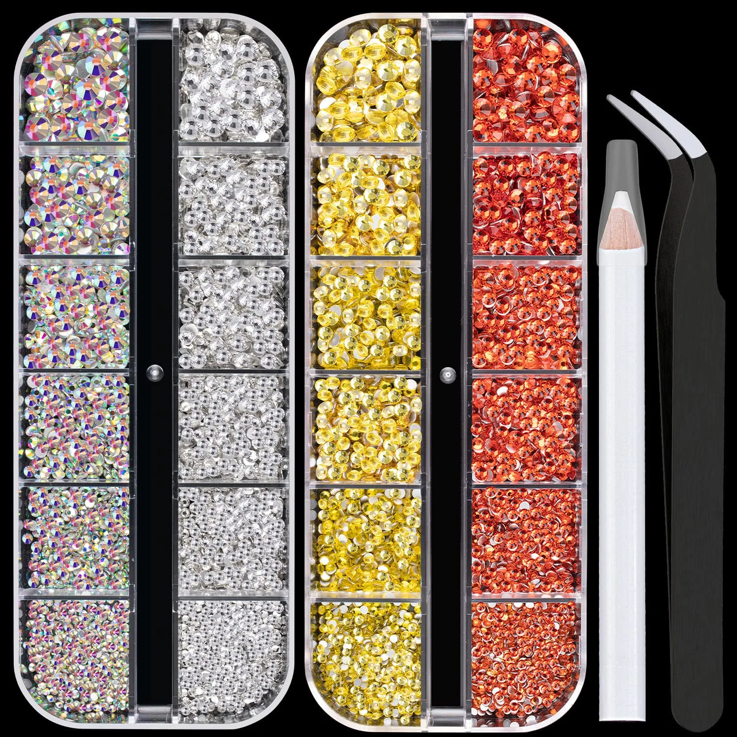 4 Mixed Colors Flatback Round Rhinestones Kit #8, Multi Size Glass Crystals Bead with Pickup Pencil and Tweezer for Nail Art