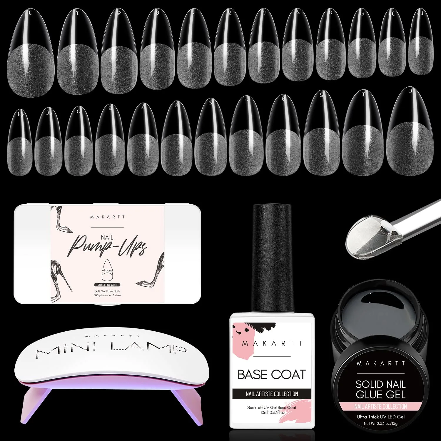 Makartt Nail Tips and Glue Kit: 15ML Solid Gel with 500PCS Almond Medium Soft Tips, Full Cover Pre-Buffed Nails, Portable Mini Lamp, and Base Coat for DIY Manicure Art