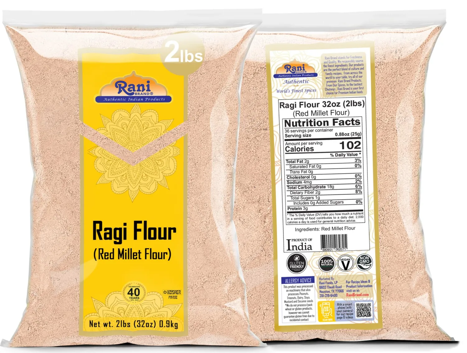 Rani Ragi (Finger Millet) Flour 32oz (2lbs) 908g ~ All Natural | Vegan | Gluten Friendly | NON-GMO | Kosher | Indian Origin