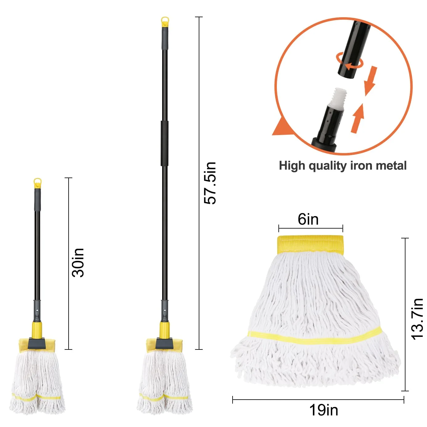 Commercial Mop Heavy Duty Industrial Mop with Long Handle,60" Looped-End String Wet Cotton Mops for Floor Cleaning,Home,Kitchen,Office,Garage and Concrete/Tile Floor