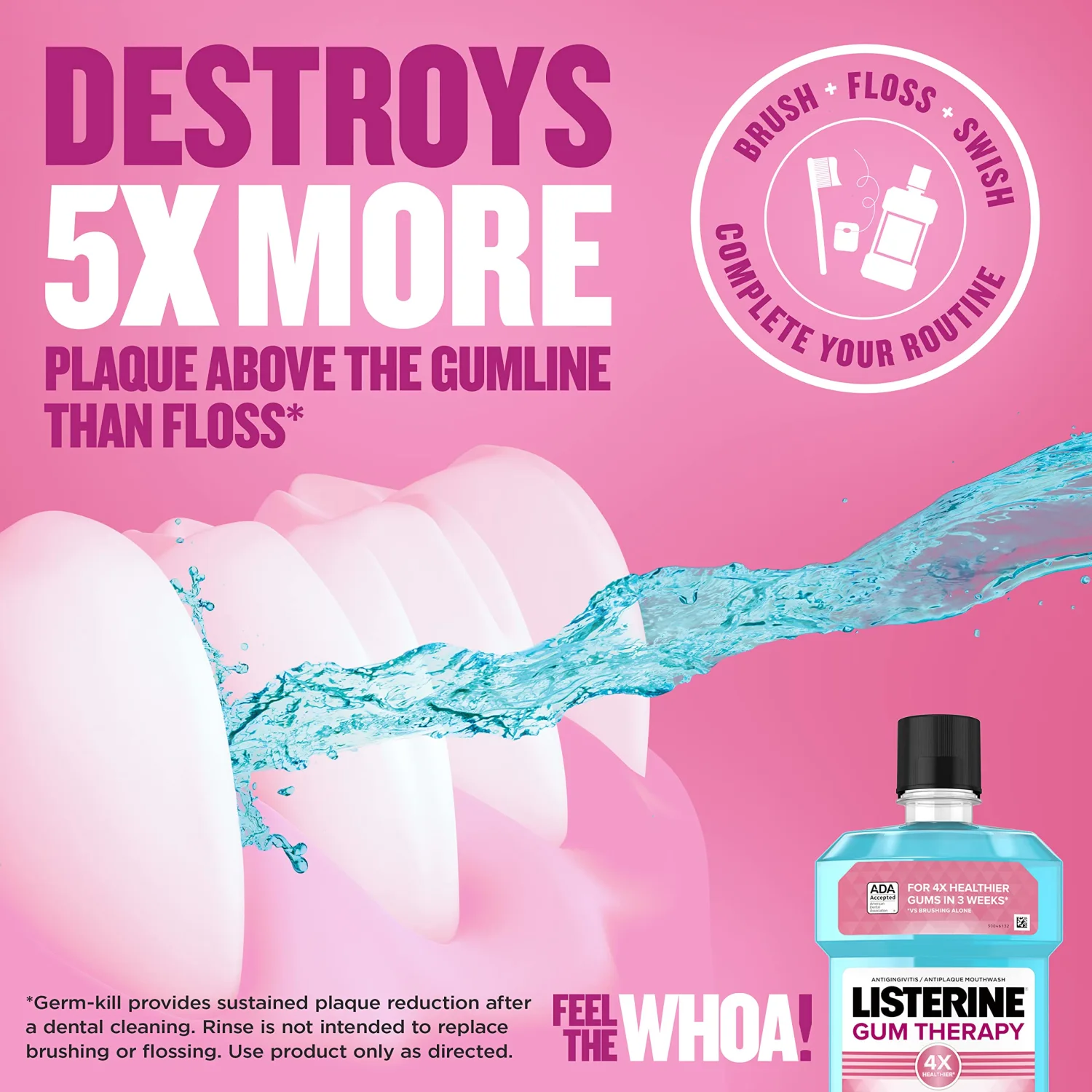 Listerine Gum Therapy Antiplaque & Anti-Gingivitis Mouthwash, Oral Rinse to Help Reverse Signs of Early Gingivitis Like Bleeding Gums, ADA Accepted, Glacier Mint, 1 L