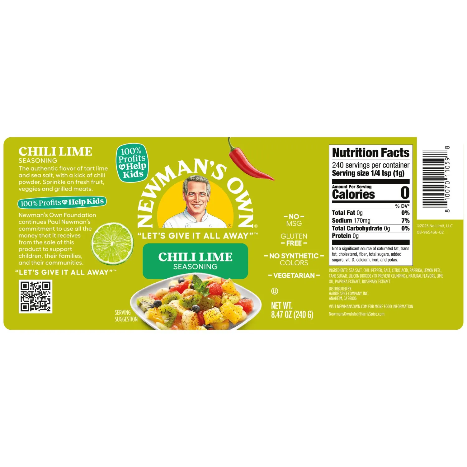 Newman's Own Chili Lime Seasoning; Perfect Spices for Topping Fruit and Rimmer, No MSG, Gluten Free; Kosher; 8.47 Oz. Bottle