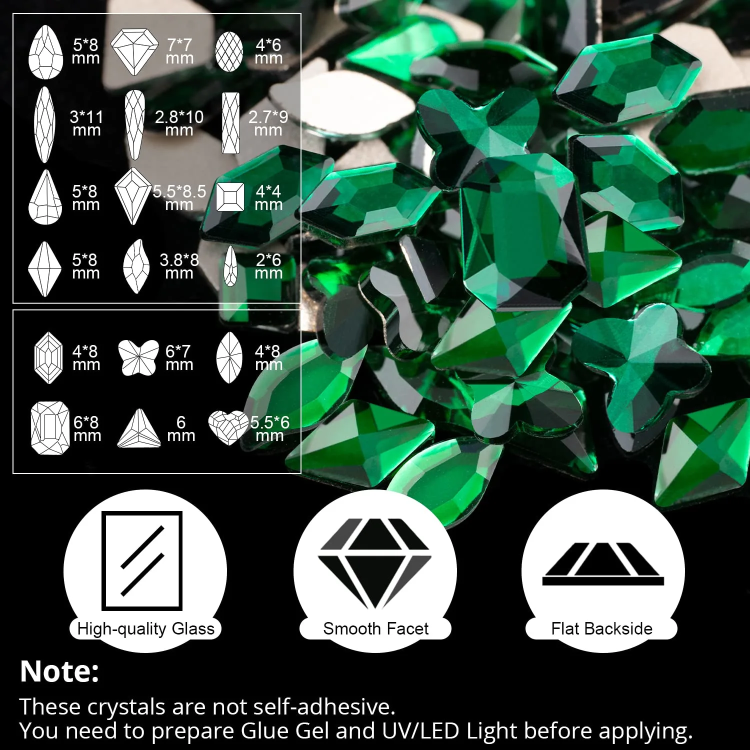 18 Styles Multi-shaped Glass Gemstones for Nails and 6 Sizes Round Crystal Rhinestones Kit #6, Dark Green Nail Art Charm Bead Manicure Decoration with Pickup Pencil and Tweezer