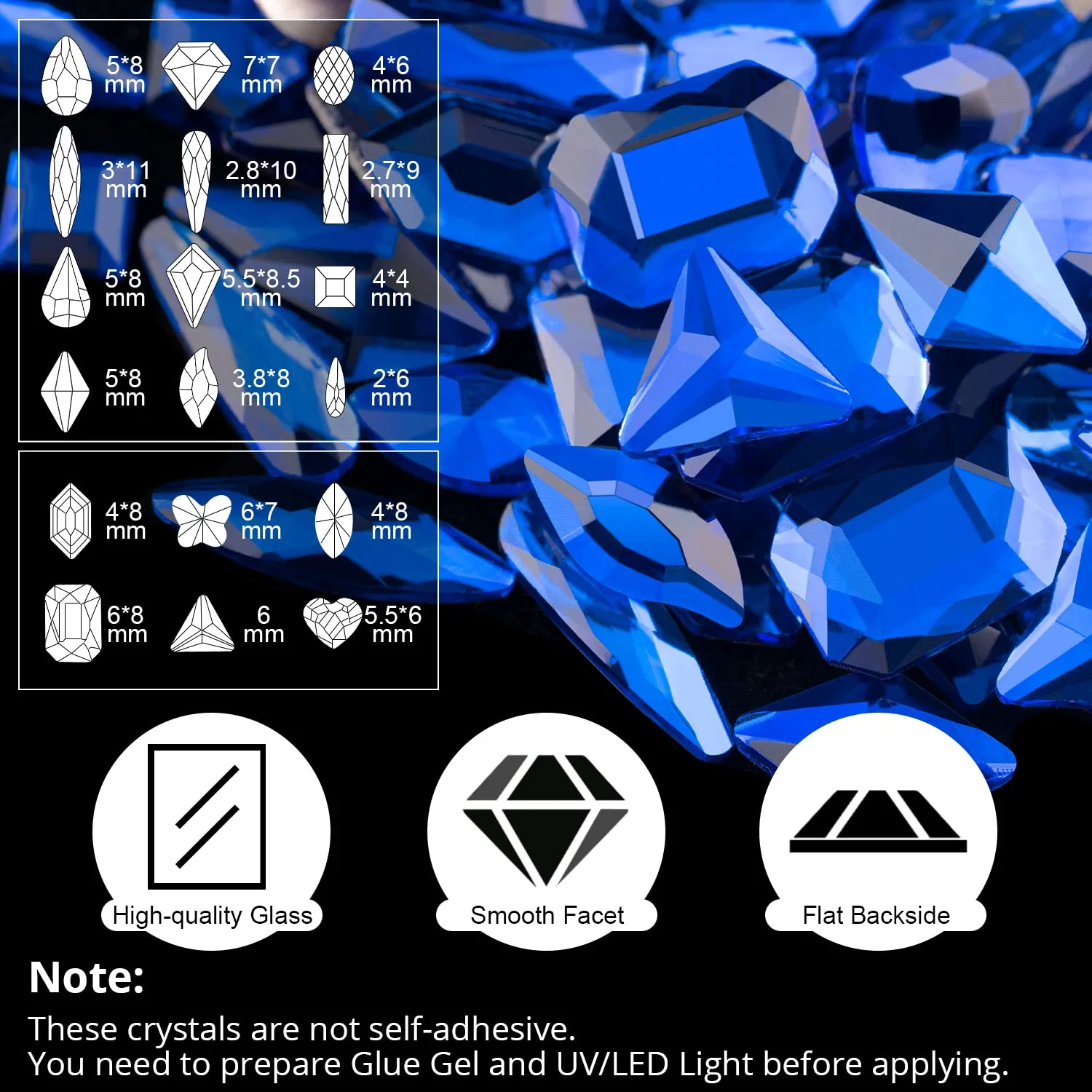 18 Styles Multi-shaped Glass Gemstones for Nails and 6 Sizes Round Crystal Rhinestones Kit #7, Royal Blue Nail Art Charm Bead Manicure Decoration with Pickup Pencil and Tweezer
