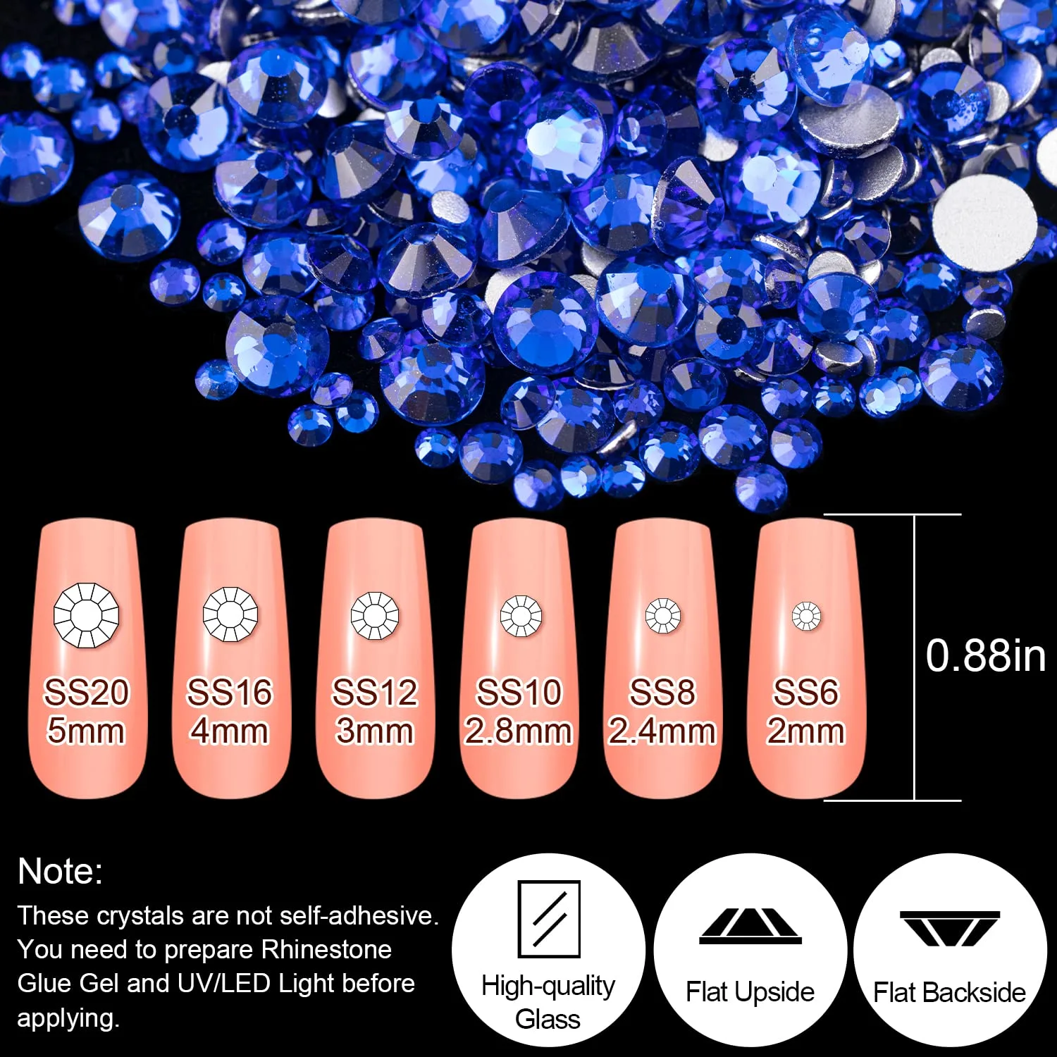 18 Styles Multi-shaped Glass Gemstones for Nails and 6 Sizes Round Crystal Rhinestones Kit #7, Royal Blue Nail Art Charm Bead Manicure Decoration with Pickup Pencil and Tweezer