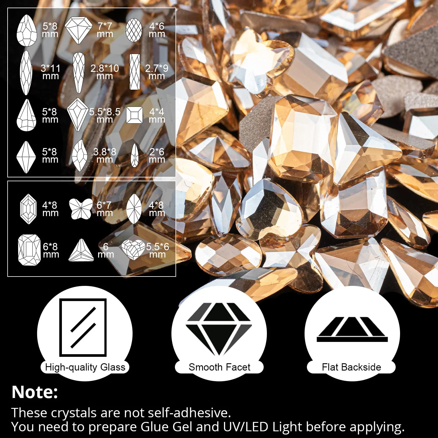 18 Styles Multi-shaped Glass Gemstones for Nails and 6 Sizes Round Crystal Rhinestones Kit #5, Champagne Nail Art Charm Bead Manicure Decoration with Pickup Pencil and Tweezer