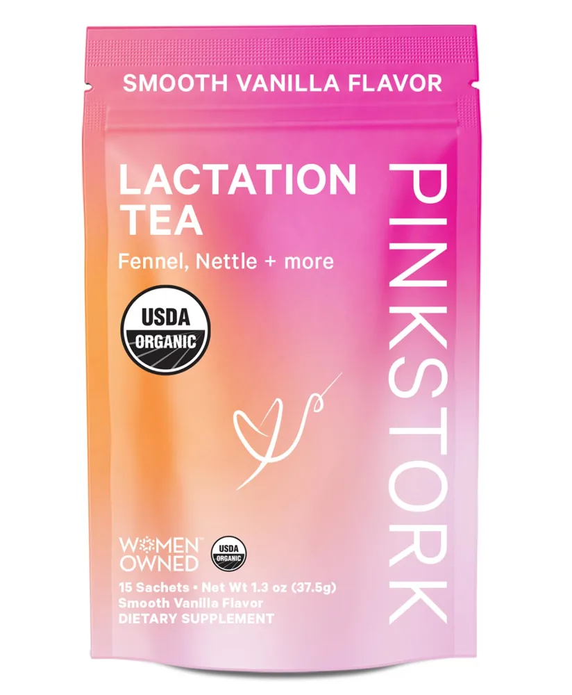 Pink Stork Organic Lactation Support Tea for Breast Milk Supply - Fenugreek, Milk Thistle, + Fennel - Breastfeeding Essentials, Caffeine-Free - Hot or Iced - 15 Sachets, Smooth Vanilla