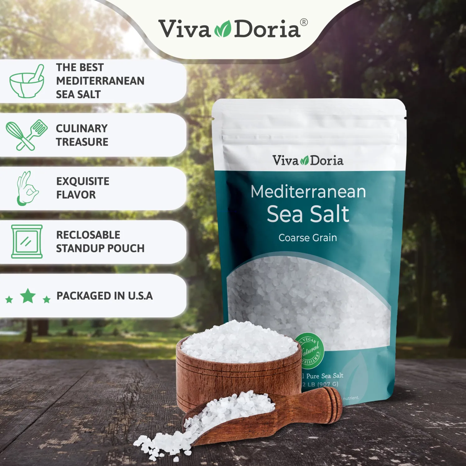 Viva Doria Malabar Peppercorn - Steam Sterilized Whole Black Pepper, 12 Oz Black Peppercorns and Viva Doria Mediterranean Sea Salt, Coarse Grain, 2 lb for grinder refills