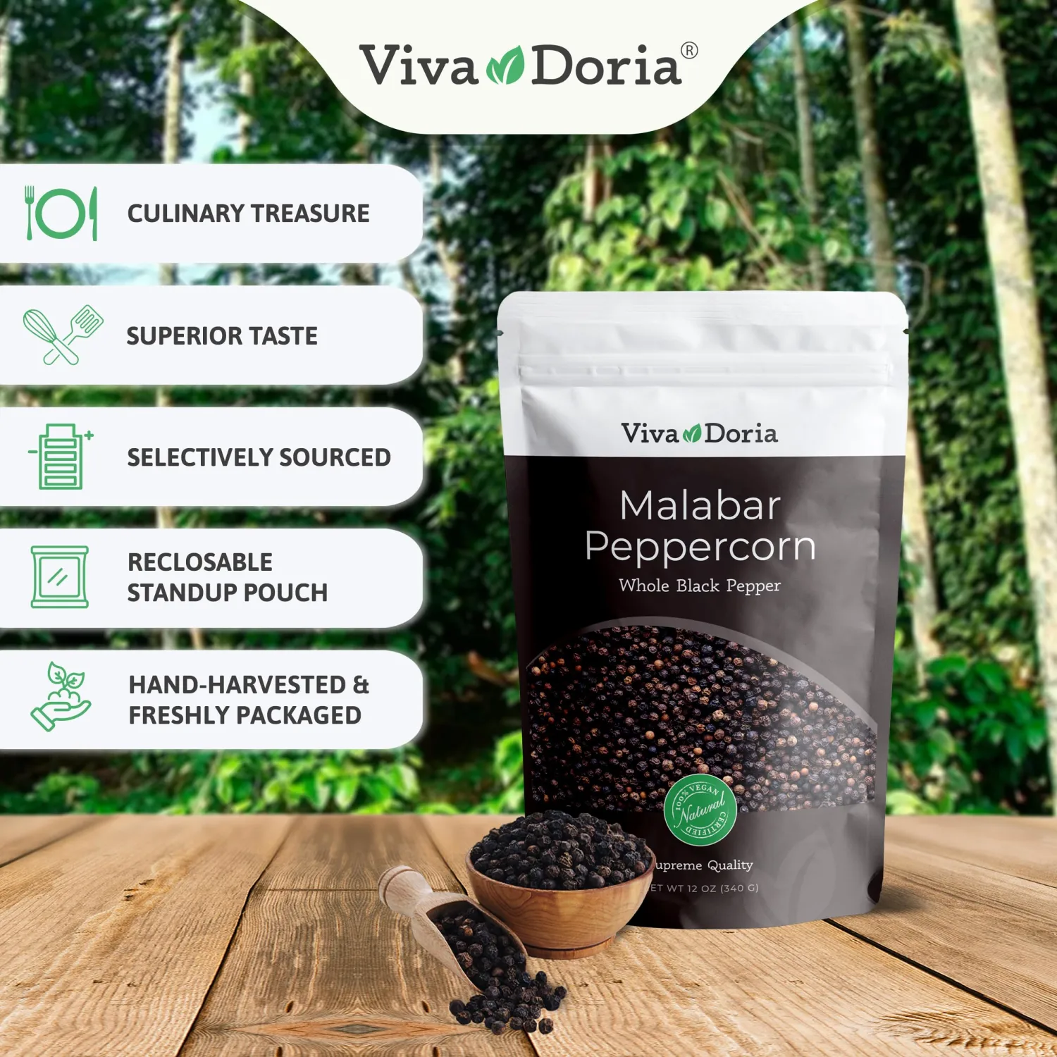 Viva Doria Malabar Peppercorn - Steam Sterilized Whole Black Pepper, 12 Oz Black Peppercorns and Viva Doria Mediterranean Sea Salt, Coarse Grain, 2 lb for grinder refills