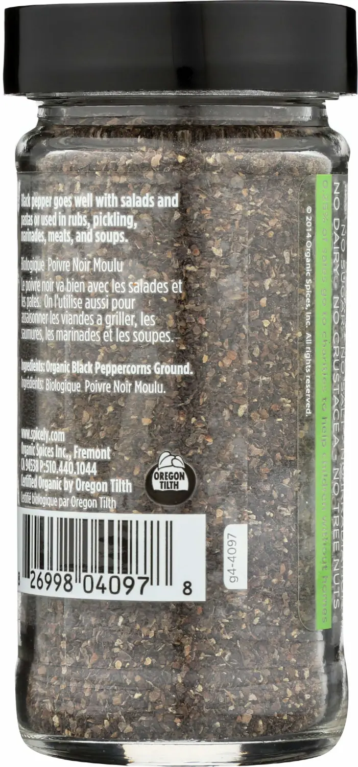Spicely Organic Peppercorn Black Crushed (28 Mesh) - Glass Jar - Gluten Free - Non Gmo - Vegan - Kosher