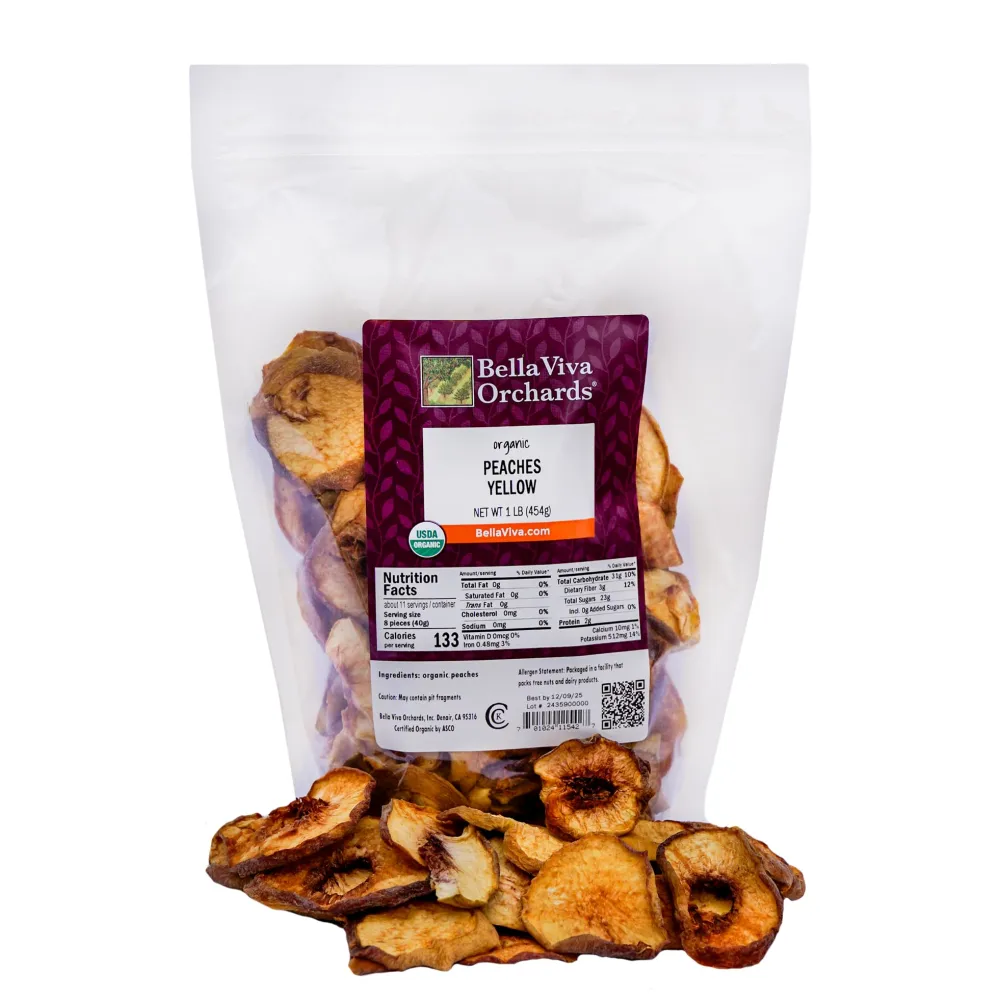 Bella Viva Orchards Organic Dried Yellow Peaches, Sweet no Sugar Added, 1 lb of Dried Fruit