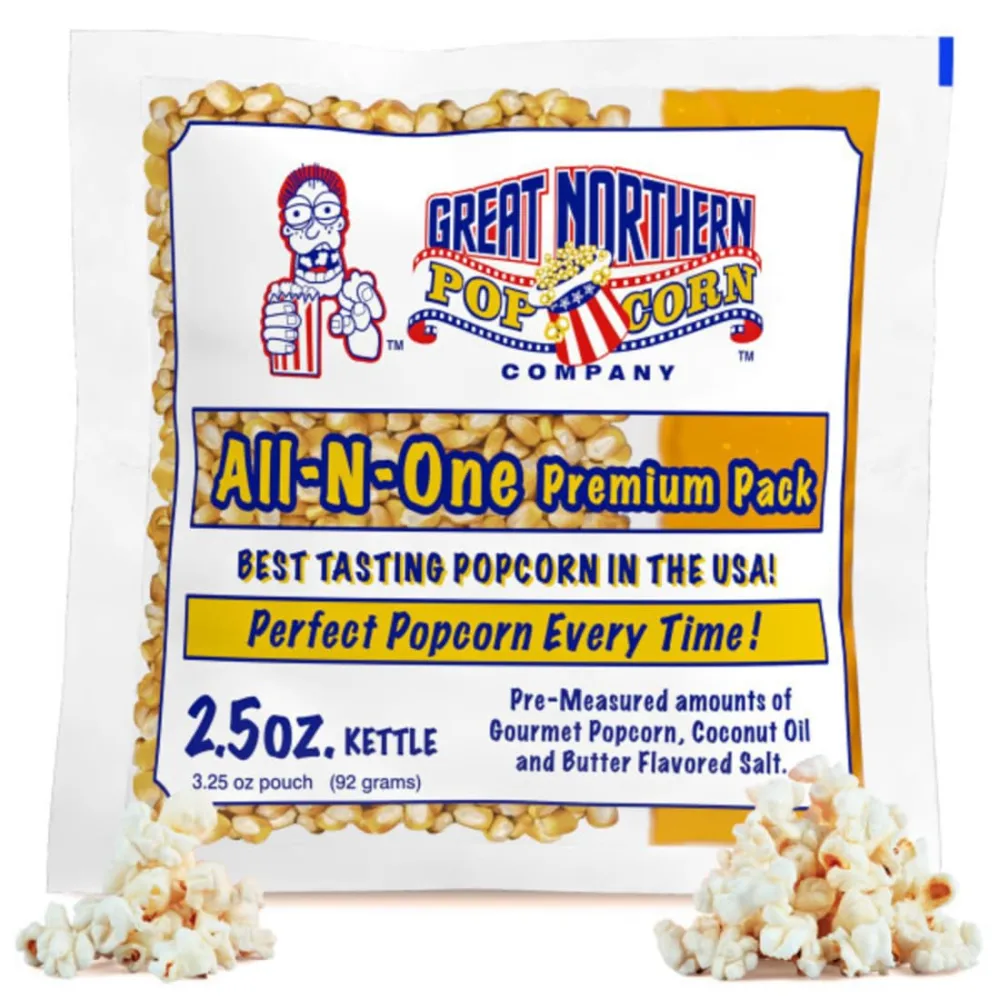 2.5oz Popcorn Machine Popcorn Packets - All-in-One Movie Theater Style Popcorn Kernels, Salt, and Oil Packs by Great Northern Popcorn (24 Case)