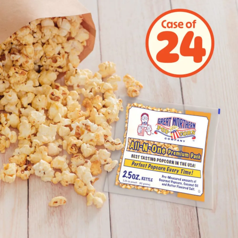 2.5oz Popcorn Machine Popcorn Packets - All-in-One Movie Theater Style Popcorn Kernels, Salt, and Oil Packs by Great Northern Popcorn (24 Case)
