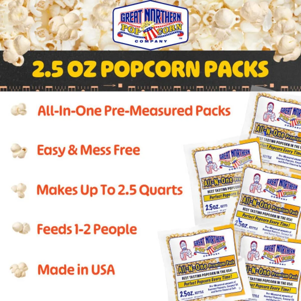 2.5oz Popcorn Machine Popcorn Packets - All-in-One Movie Theater Style Popcorn Kernels, Salt, and Oil Packs by Great Northern Popcorn (24 Case)
