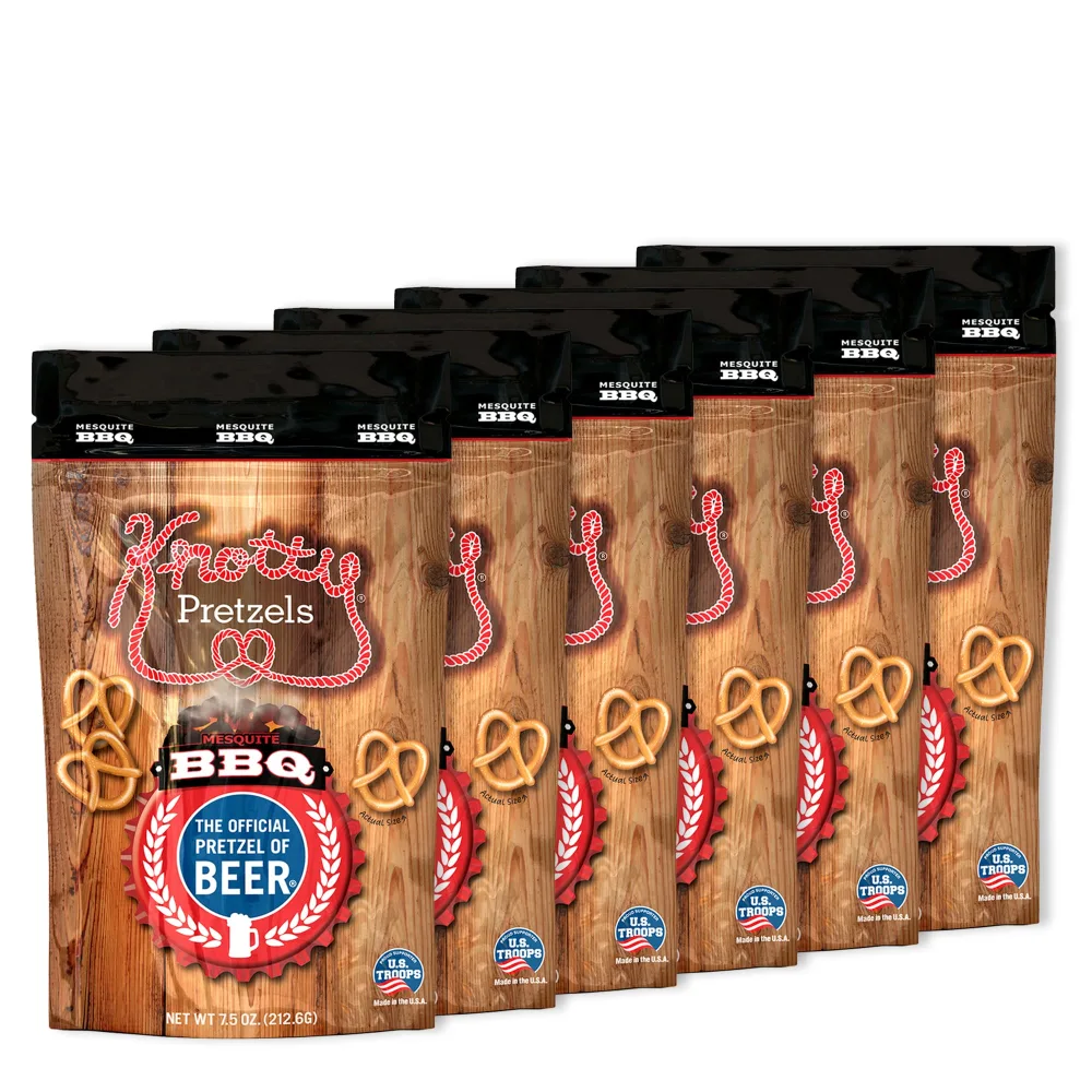 Knotty Pretzels “The Official Pretzel of Beer” 7.5 oz Individual Seasoned Pretzels in Resealable Pretzel Snack Bags, The Perfect Pairing for Beer, Mesquite BBQ Flavor (6-Pack)