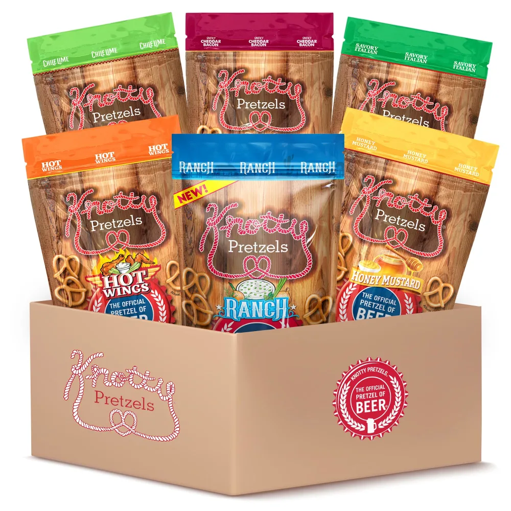 Knotty Pretzels - "The Official Pretzel of Beer" 7.5 Ounce Pretzel in Resealable Snacks Bags - Variety Pack (6 Pack)