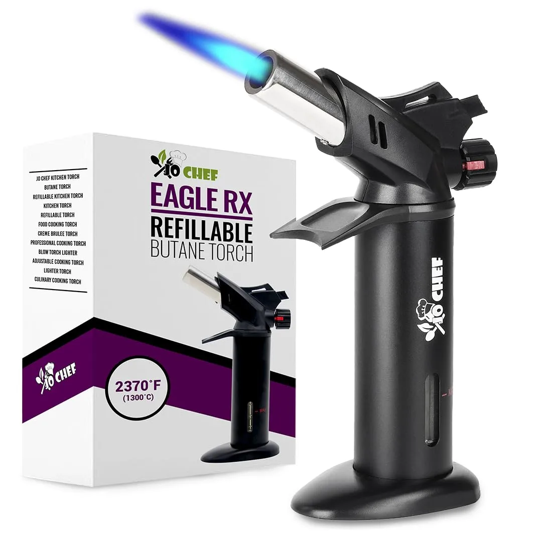 Jo Chef Eagle RX Culinary Torch – 2,370°F Creme Brulee Torch with Safety Switch, One-Hand Use, Refillable Adjustable Flame Lighter with Safety Lock for BBQ, Baking, Brulee Creme, DIY, Crafts