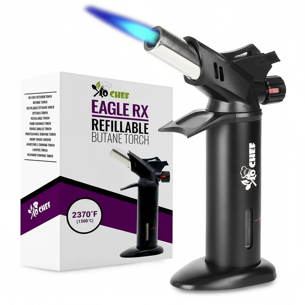 Jo Chef Eagle RX Culinary Torch – 2,370°F Creme Brulee Torch with Safety Switch, One-Hand Use, Refillable Adjustable Flame Lighter with Safety Lock for BBQ, Baking, Brulee Creme, DIY, Crafts