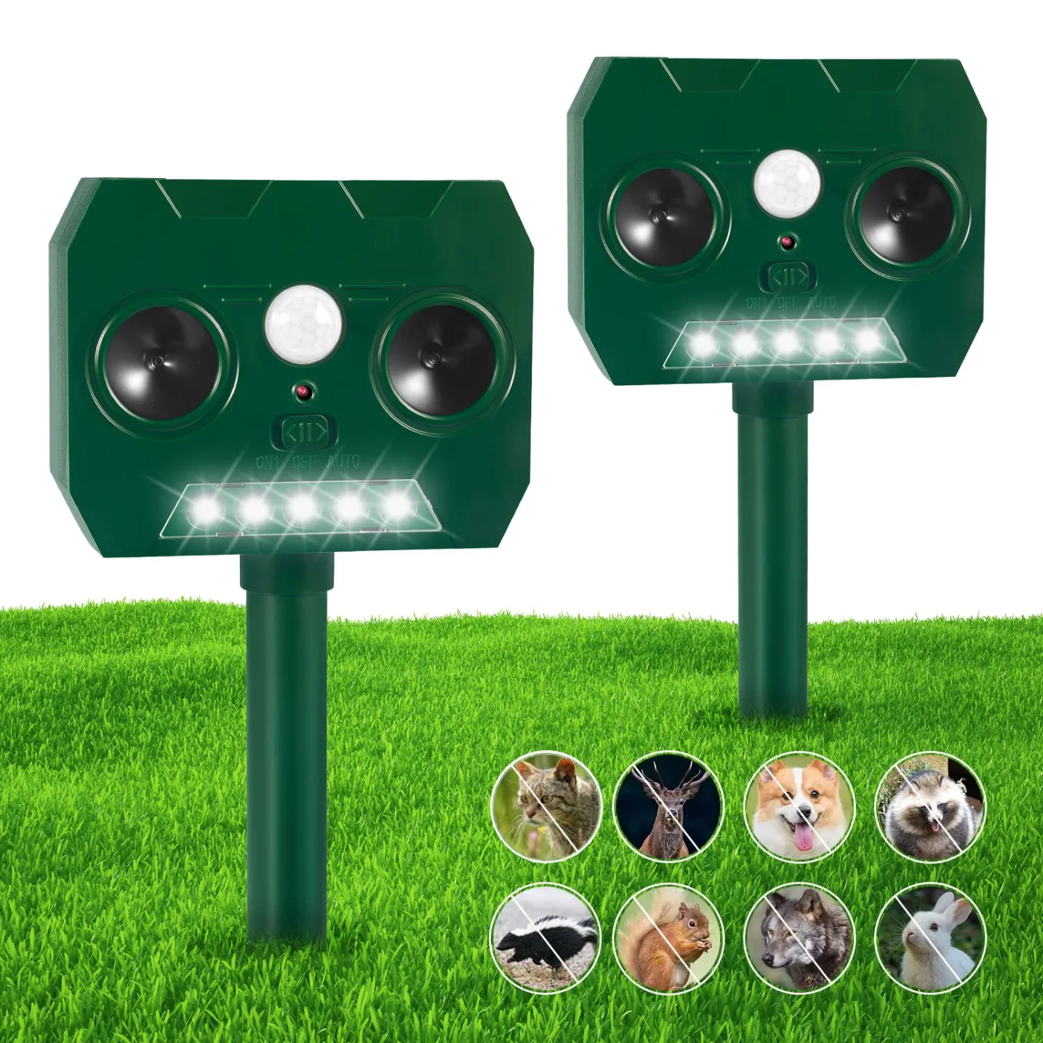 Solar Animal Repeller Ultrasonic Cat Deterrent Outdoor with Motion Sensor & 5 Strong Strobe Light & Dual Speaker, Waterproof Animal Repellent Outdoor to Repel Dog Cat Deer Skunk Raccoon Coyote, 2 Pack